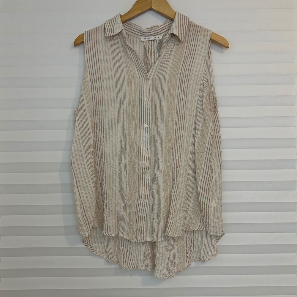 Jane + Delancey Tan Striped Sleeveless Crinkle Button Down Shirt Top Womens Sz M